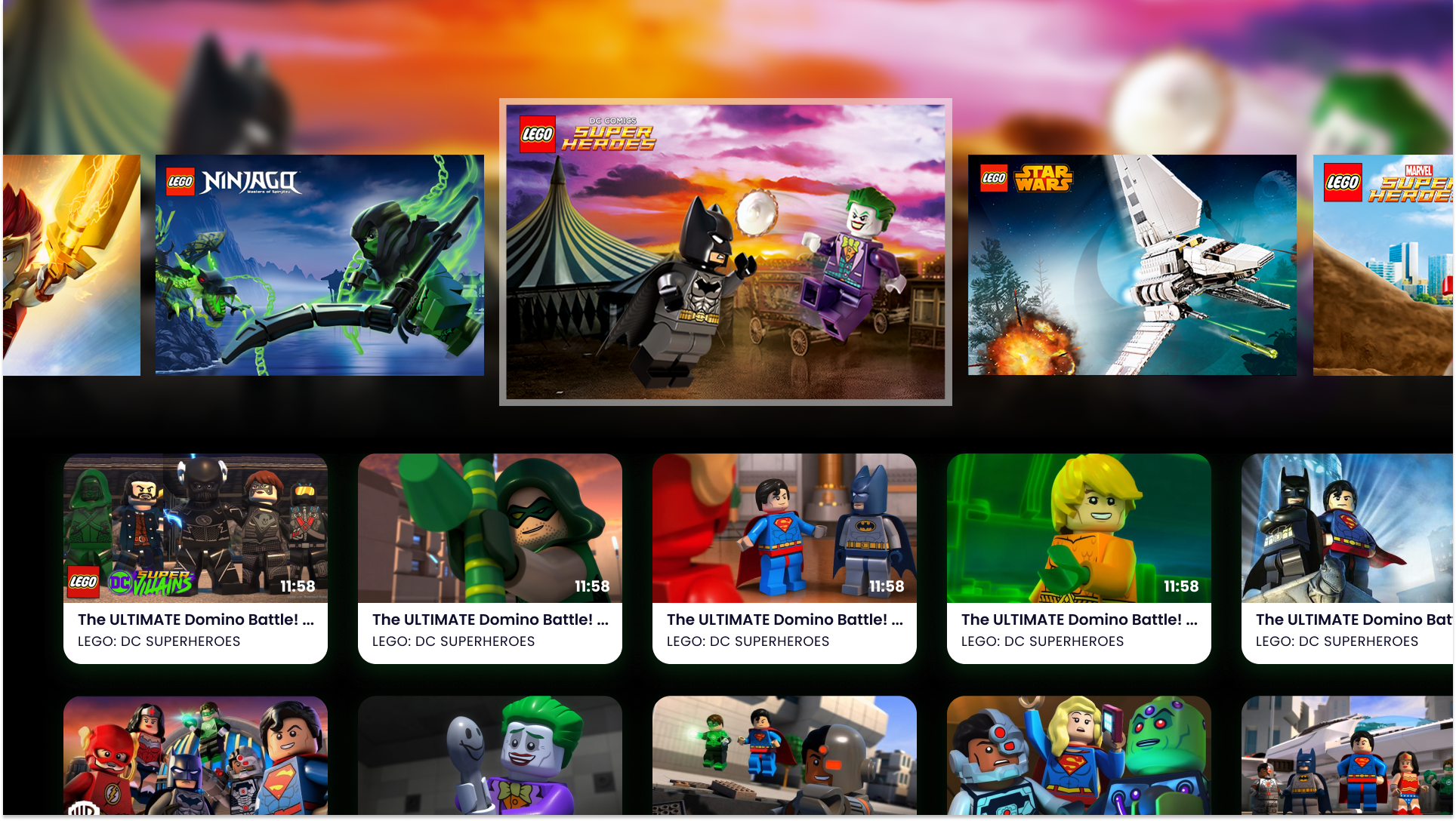 LEGO TV home screen concept showing themes and playlists